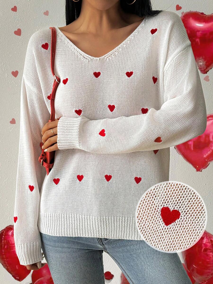 Chiquease Women's Regular Drop Shoulder V-Neck Embroidered Heart Pattern Lightweight Loose Casual Knitted Sweater Fall Winter - Multicolor - View 1