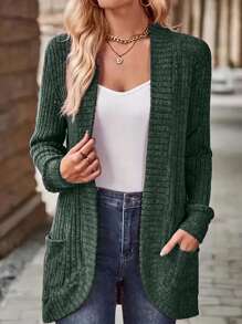 SHEIN LUNE Women's Solid Color Long Sleeve Pocketed Open Front Casual Lightweight Jacket - Dark Green - View 3