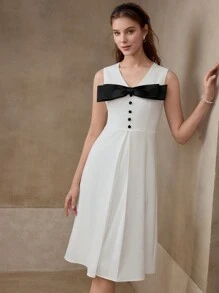 MOTF BOW DECOR FOLD PLEATED DRESS - White - View 4