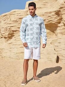 Manfinity Homme Camisa casual de manga larga con cierre de botones al frente y estampado total para hombre