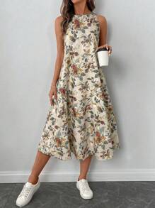SHEIN LUNE Vestido midi de línea A sin mangas con cuello redondo y estampado floral retro, casual y elegante