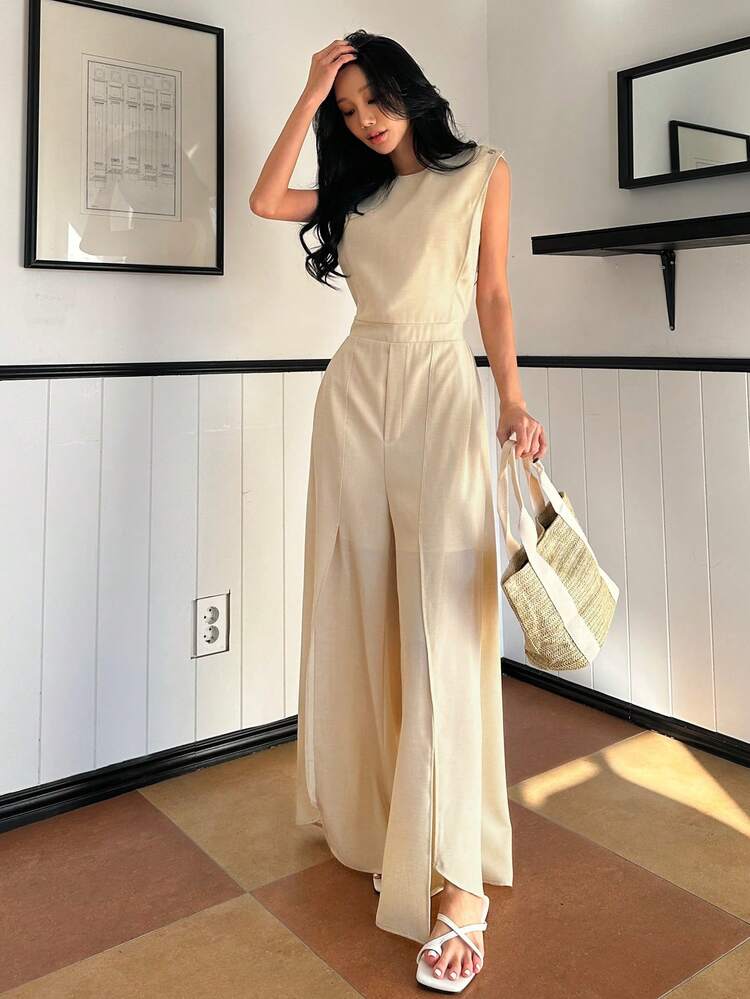 Macacão Feminino Solto de Cor Sólida com Fenda Alta