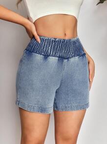 SHEIN SXY High Waist Denim Shorts For Women, Summer New Loose Elastic Waist Wide Leg A-Line Sexy Shorts - Blue - View 4