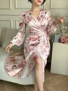 DAZY Damen V-Ausschnitt Rüschen Saum gebundenes Blumen Midi Kleid Abendkleid, Herbstkleid Langarm Kleid Elegante Damenkleider - Pink - Übersicht 1