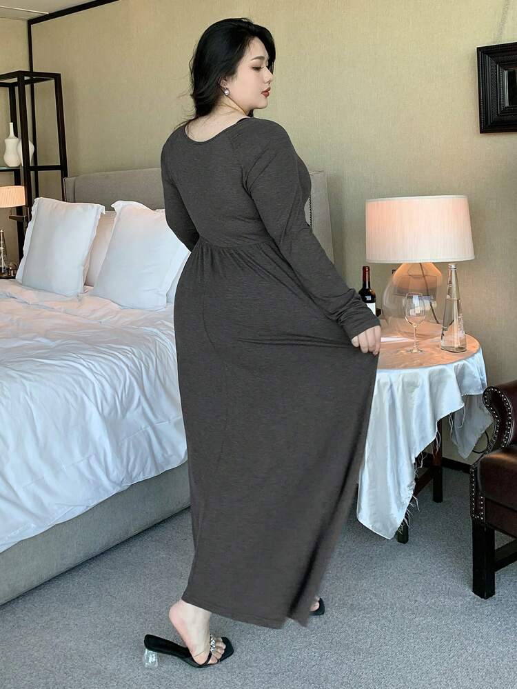 Dazy Plus Plus Size Solid Color V-Neck Long A-Line Dress, Spring/Summer/Autumn Long Sleeve Dress Maxi Dress