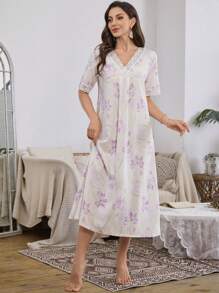 Camisón romántico de mujer con escote en V, manga corta, estampado floral y parches de encaje, perfecto para el verano y las vacaciones