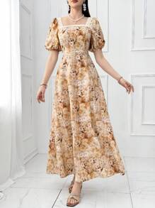 Modelyn Rochie de damă cu mâneci bufante, cu imprimeu floral, cu decolteu pătrat, elegantă