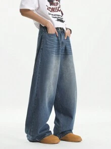 Manfinity Hypemode Men's Retro Dark Blue Washed Loose Relaxed Wide-Leg Jeans, Urban Chill - Dark Wash - View 4