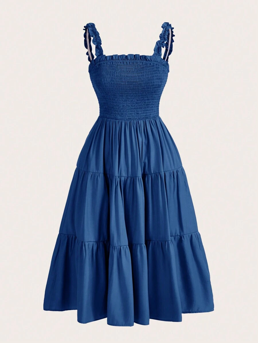 Aveloria Rosie 纯色荷叶边装饰荷叶边下摆连衣裙节日派对连衣裙波西米亚风度假时尚风格，适合夏季春秋季 - 藍色 - 查看 1