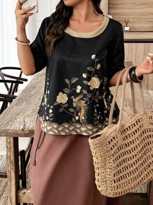 SHEIN LUNE Plus Size Women Color Block Floral Printed Shirt - Multicolor - View 1