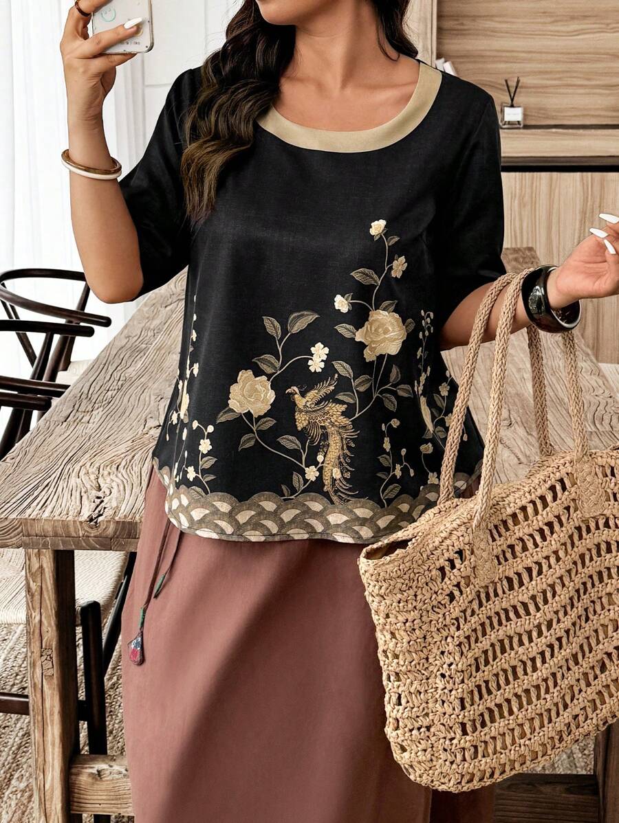 SHEIN LUNE Plus Size Women Color Block Floral Printed Shirt - Multicolor - View 1