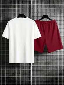 Manfinity Homme 2pcs Men Graphic Print Casual Crew Neck Short Sleeve T-Shirt And Shorts Set - Red and White - View 2