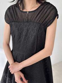 FRIFUL Vestido casual sólido de mujer con parches de malla, vestido de verano para uso diario - Negro - Ver 5