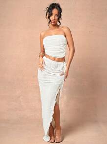 L'Amorae Asymmetric High Slit Crochet Ruched Vacation Maxi Skirt, Spring Summer For Women - Apricot - View 3