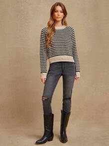 WESTFADE Summer Two Tone Colorblock Geo Pattern Crewneck Long Sleeve Sweater Western Wear Women