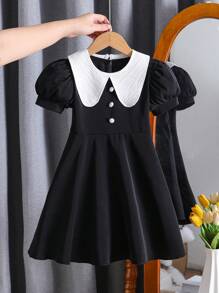 Young Girl' Elegant Waist Flared Short Sleeve Dress + Detachable Collar, Suitable For Daily Commute, Casual, Entertainment, Holiday And Travel In Summer