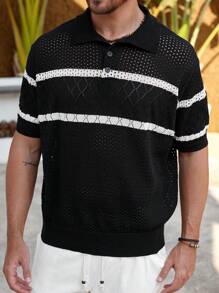Manfinity Homme Men's Solid Color Front Button Patchwork Short Sleeve Casual Knitted Sweater - Multicolor - View 4