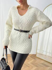 SHEIN Women Solid Color Cable Knit Patten Collar Neck Drop Shoulder Pullover