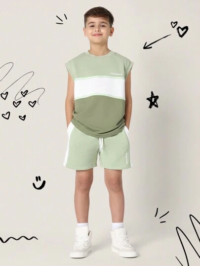 SUMWON Conjunto deportivo de top de tirantes y pantalones cortos de dos tonos de color para niños, conjunto de chándal de verano sin mangas para correr, baloncesto y entrenamiento, ropa de vacaciones