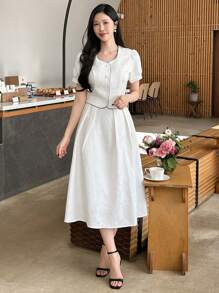 DAZY 2pcs/Set Women's Contrast Color Textured Puff Sleeve Shirt And Skirt, Occasion Outfit - Beige - View 4