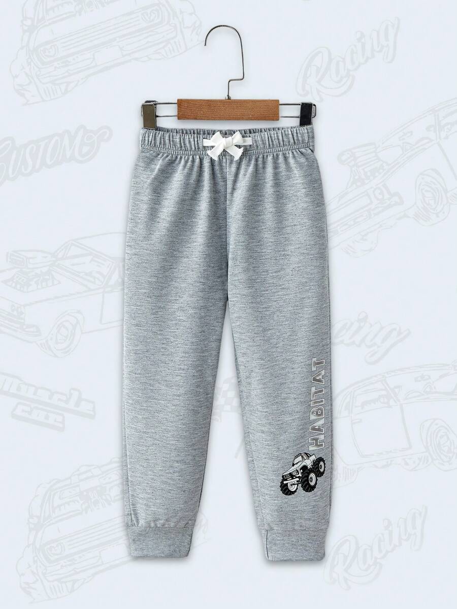 Young Boy Letter Print Drawstring Waist Casual Jogger Sweatpants - Grey - View 1