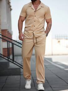 Manfinity Homme 2pcs Plus Size Men's Minimalist Button-Up Short Sleeve Top And Long Pants Set - Champagne - View 1