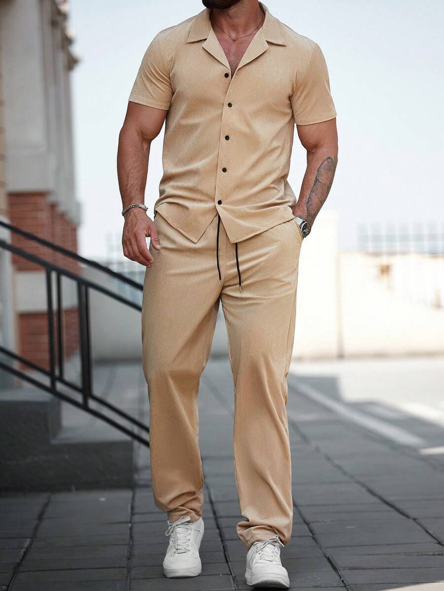 Manfinity Homme 2pcs Plus Size Men's Minimalist Button-Up Short Sleeve Top And Long Pants Set - Champagne - View 1