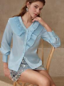 MOTF PLEATED RUFFLE TRIM BLOUSE,SPRING/SUMMER - Blue - View 7