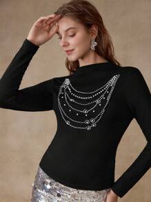 MOTF PREMIUM FAUX PEARL BEADED SLIM FIT T-SHIRT,SPRING/SUMMER - Black - View 4