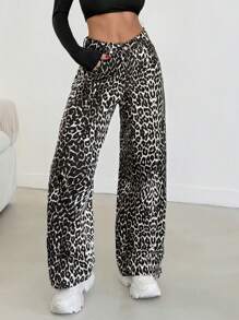 EURMUSE Women's Front Button Pocket Leopard Print Simple Casual Pants, For Everyday Wear - Multicolor - View 4