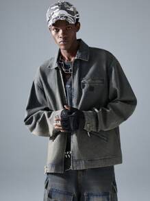 NEON BLANC Men's Street Casual Woven Grey Denim Long Sleeve Suit Jacket