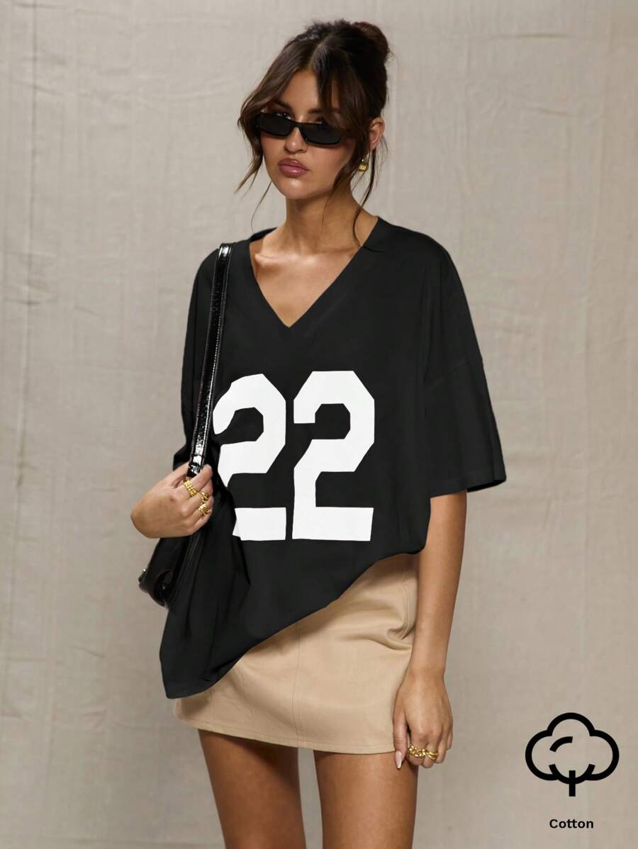 MUSERA Sport Black Oversized Baseball T-Shirt Graphic Tee Vacation Casual Cute Oversized Tees Airport Holiday Festival Back To School Winter Spring Summer Easter - Black - View 1