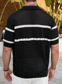 Manfinity Homme Men's Solid Color Front Button Patchwork Short Sleeve Casual Knitted Sweater - Multicolor - View 2