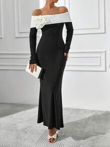 EURMUSE Vestito lungo da donna in colore bianco e nero con dettagli floreali a contrasto