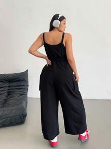 POPSWAY Plus Size Solid Color Straight Leg Jumpsuit With Suspenders, Casual Loose Design, Korean Style - Black - View 2