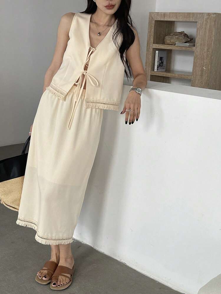 2pcs/Set Women Solid Color Fringed Tie Front Vest And Skirt Business Attire