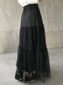 FRIFUL Women's Black Mesh Patchwork A-Line Skirt, Spring Fashion Fall Skirts - Black - View 2