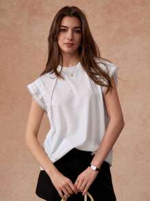 Écloséra Women Casual Loose T-Shirt With Lace Cuff & Distressed Decor, Round Neck