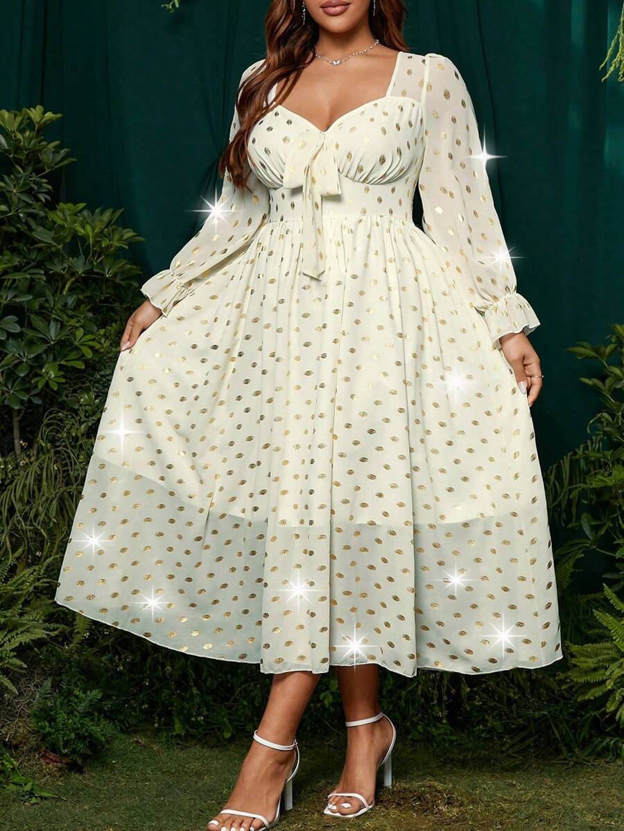 SHEIN Belle 极简性感法式优雅高领长袖金箔雪纺连衣裙女春夏浪漫度假 - 杏色 - 查看 1