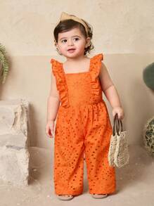 SHEIN Newborn Baby Girl Cute Holiday Embroidery Ruffle Trim Jumpsuit Summer - Orange - View 4