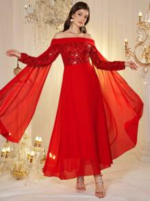 Modelyn Women's Long Off Shoulder Chiffon Embroidered Elegant Ruffle Sleeve Dress, Spring/Summer - Red - View 5