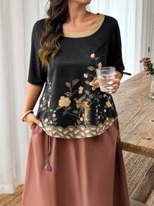 SHEIN LUNE Plus Size Women Color Block Floral Printed Shirt - Multicolor - View 3