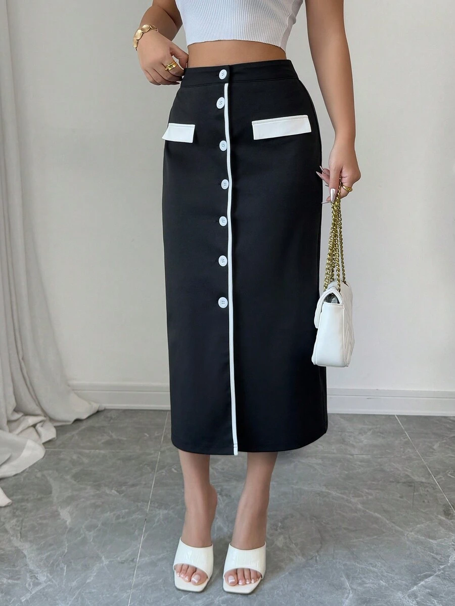 Elenzga 女士优雅度假和工作装黑白撞色中长裙 - 黑色 - 查看 1