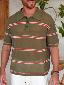 Manfinity RSRT Top casual de punto con botones al frente y mangas cortas con rayas para hombres - Multicolor - Ver 6