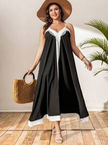 SHEIN Clasi 大码女式 V 领细肩带黑白蕾丝拼接 A 字形连衣裙，适合复活节、音乐节和夏季的修身款式 - 黑色 - 查看 3