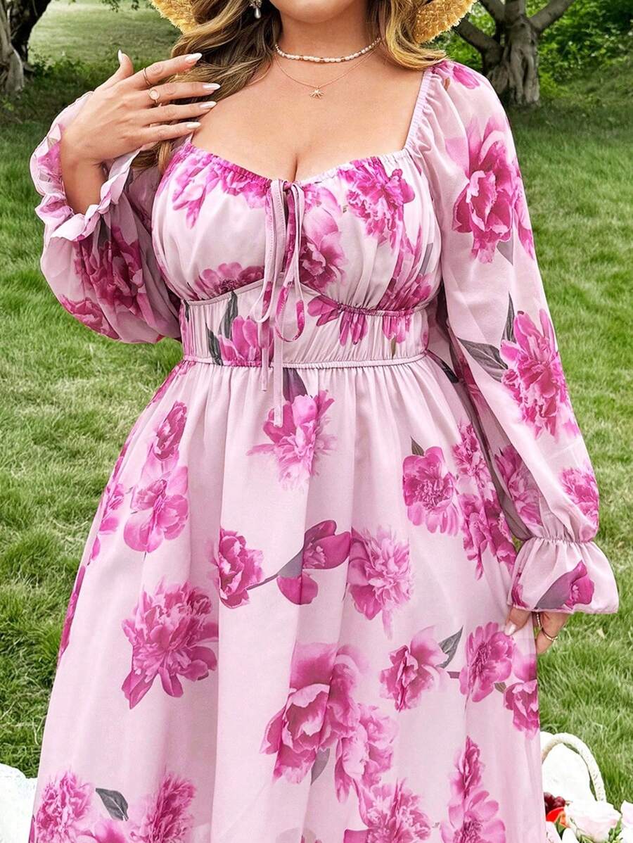 Flirla Plus Size French Romantic Vacation Iris Purple Ditsy Floral Dress, Spring/Summer New Arrival, Shirred Waist Gathered Slim Fit Sweet & Gentle Dress For Beach