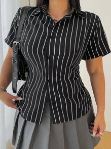 POPSWAY Plus Size Women Striped Print Button Front, Short Sleeve Casual Shirt - Black - View 4