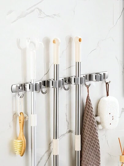 1 pieza Soporte de pared para fregonas y escobas, colgador de escobas, organizador de fregonas, estantes para herramientas de acero inoxidable de gran resistencia para el hogar, la cocina, el jardín, la lavandería, el garaje y el armario. Clip para fregona de acero inoxidable 304, estante colgante multifuncional sin perforación, gancho para fregona, estante de almacenamiento de escobas de baño, decoración de baño de verano