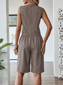 EMERY ROSE 2pcs Women Casual Solid Color Sleeveless Vest And Full Length Pants Set, Minimalist Style For Daily Wear - Khaki - View 2