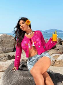 Flirla Damen Große Größen Musik Festival 3D gehäkelte Blumen Casual Strick Cardigan, leichter, süßer Offene Front Top, geeignet für Frühling, Sommer, Musikfestivals, Outdoor-Aktivitäten, Strand - Heißes Pink - Übersicht 4